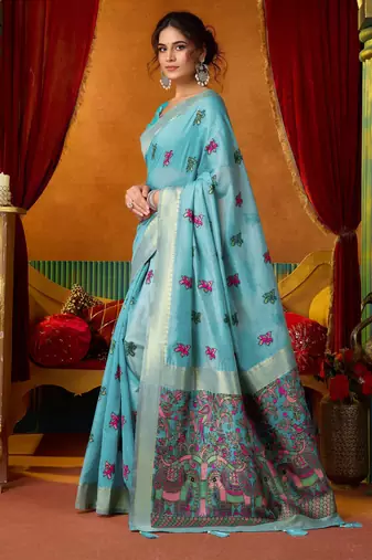 Women's turquoise modal zari woven saree with blouse