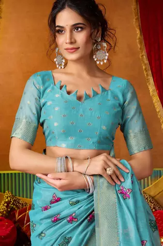Women's turquoise modal zari woven saree with blouse