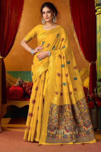 Women's yellow modal zari woven saree with blouse