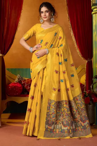 Women's yellow modal zari woven saree with blouse
