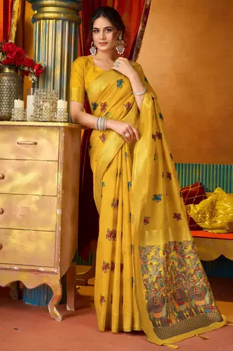 Women's yellow modal zari woven saree with blouse