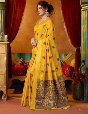 Women's yellow modal zari woven saree with blouse 3