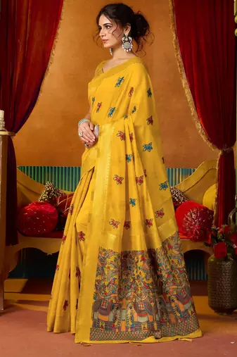 Women's yellow modal zari woven saree with blouse