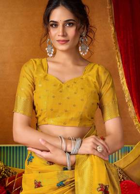 Women's yellow modal zari woven saree with blouse 4