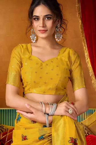 Women's yellow modal zari woven saree with blouse