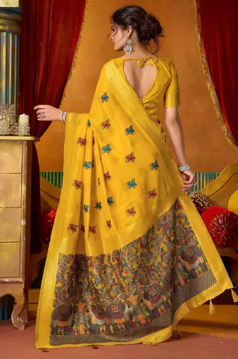 Women's yellow modal zari woven saree with blouse