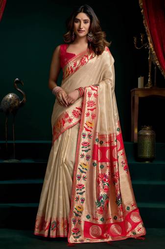 Women's cream tissue paithani zari woven saree with blouse