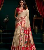 Women's cream tissue paithani zari woven saree with blouse