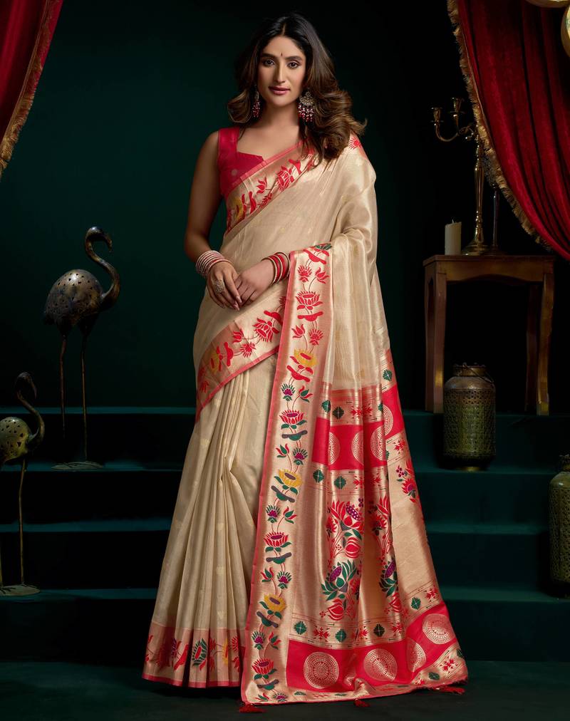 Women's cream tissue paithani zari woven saree with blouse