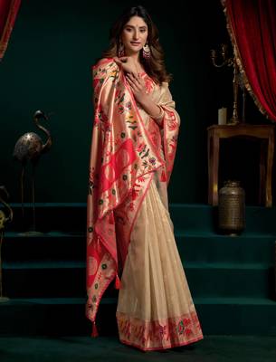 Women's cream tissue paithani zari woven saree with blouse 2