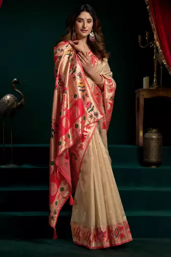 Women's cream tissue paithani zari woven saree with blouse