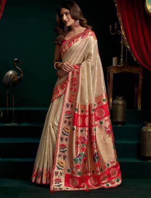 Women's cream tissue paithani zari woven saree with blouse 3