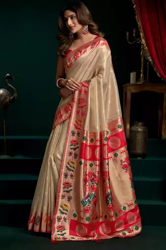 Women's cream tissue paithani zari woven saree with blouse