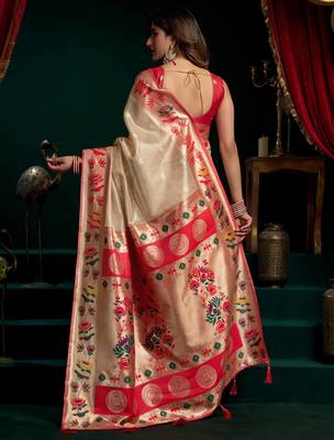Women's cream tissue paithani zari woven saree with blouse 5