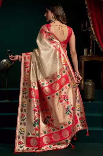 Women's cream tissue paithani zari woven saree with blouse