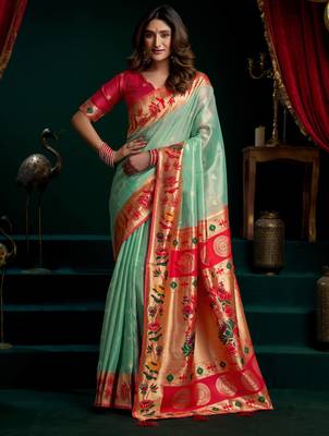 Women's sea green tissue paithani zari woven saree with blouse 1