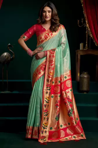 Women's sea green tissue paithani zari woven saree with blouse