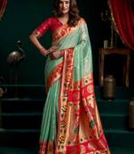 Women's sea green tissue paithani zari woven saree with blouse