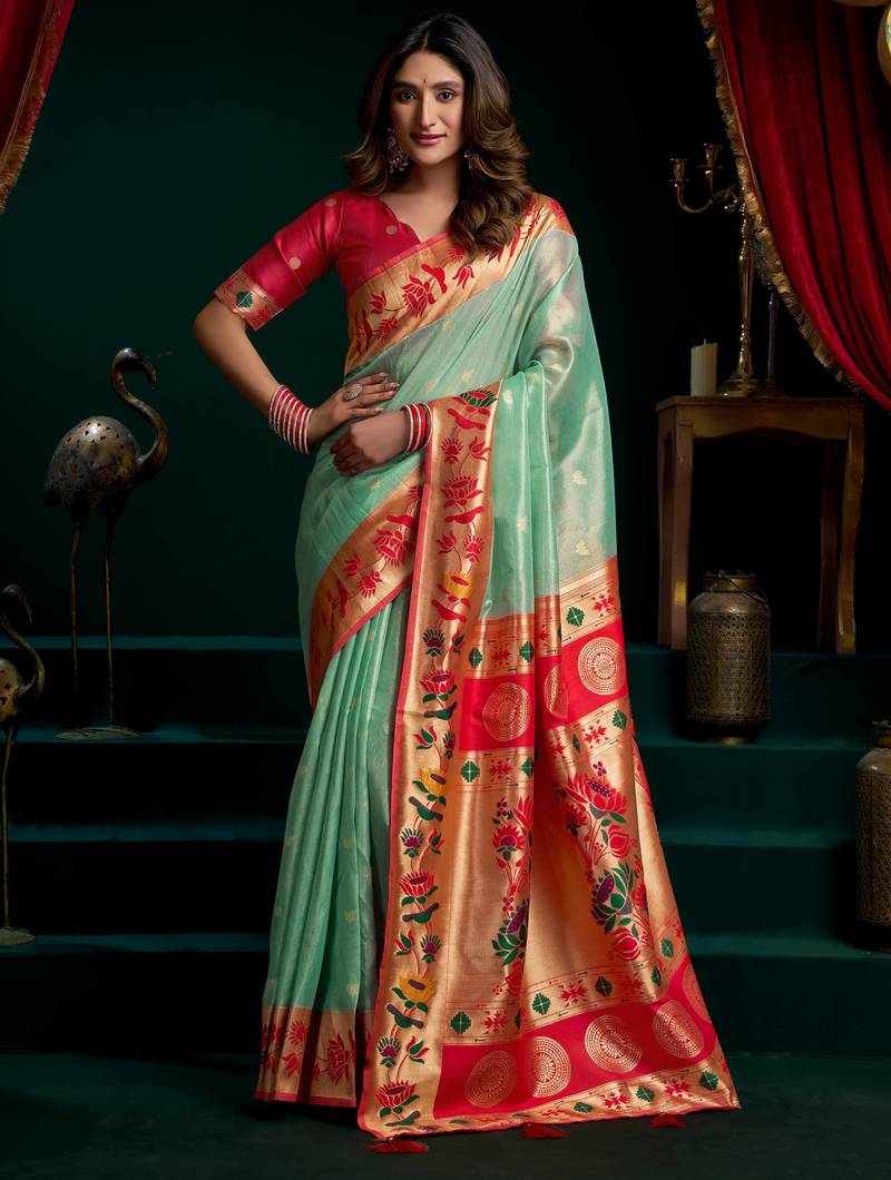 Women's sea green tissue paithani zari woven saree with blouse