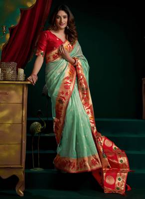 Women's sea green tissue paithani zari woven saree with blouse 2