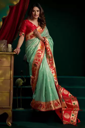 Women's sea green tissue paithani zari woven saree with blouse