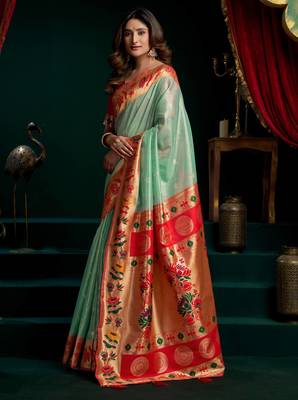 Women's sea green tissue paithani zari woven saree with blouse 3