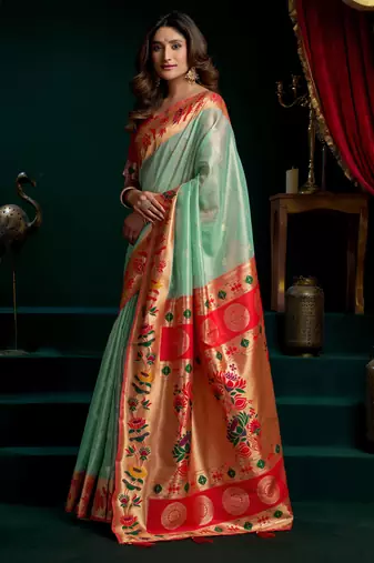 Women's sea green tissue paithani zari woven saree with blouse