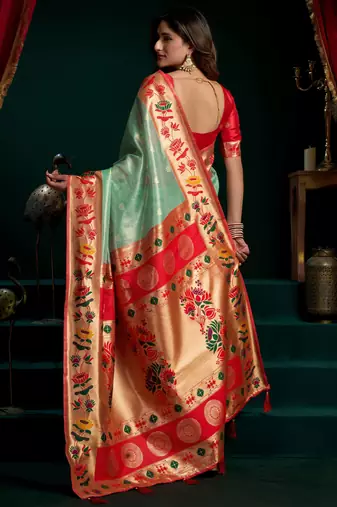Women's sea green tissue paithani zari woven saree with blouse