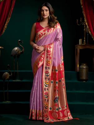 Women's purple tissue paithani zari woven saree with blouse 1