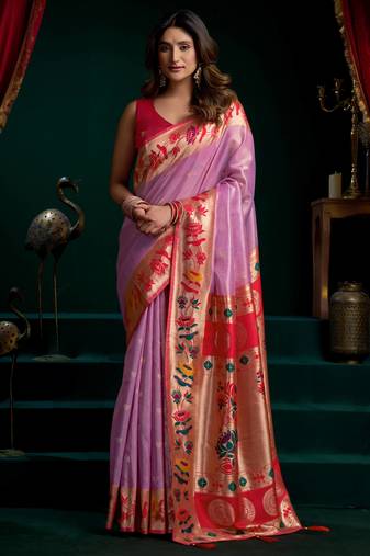 Women's purple tissue paithani zari woven saree with blouse
