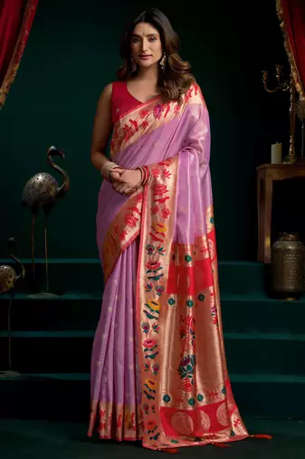 Women's purple tissue paithani zari woven saree with blouse