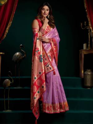 Women's purple tissue paithani zari woven saree with blouse 2