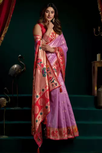 Women's purple tissue paithani zari woven saree with blouse