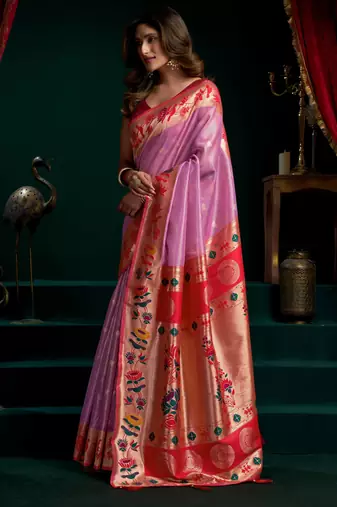 Women's purple tissue paithani zari woven saree with blouse