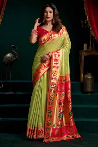 Women's green tissue paithani zari woven saree with blouse
