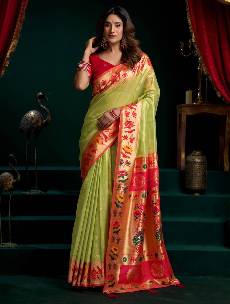 Women's green tissue paithani zari woven saree with blouse