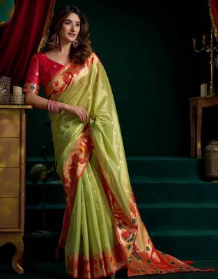 Women's green tissue paithani zari woven saree with blouse 2
