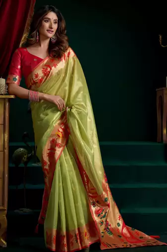 Women's green tissue paithani zari woven saree with blouse