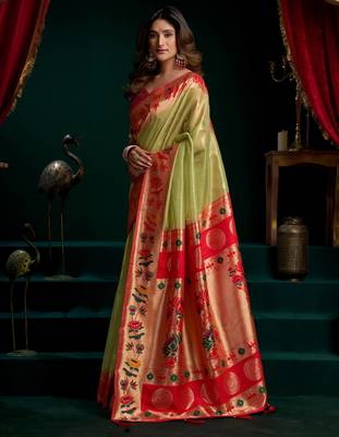 Women's green tissue paithani zari woven saree with blouse 3