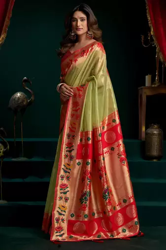 Women's green tissue paithani zari woven saree with blouse