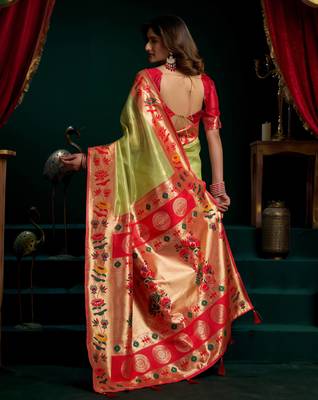 Women's green tissue paithani zari woven saree with blouse 5