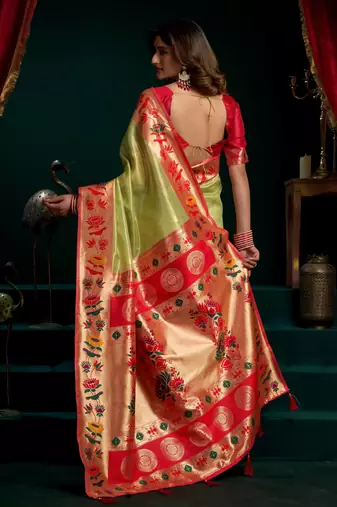 Women's green tissue paithani zari woven saree with blouse
