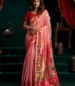 Women's peach tissue paithani zari woven saree with blouse