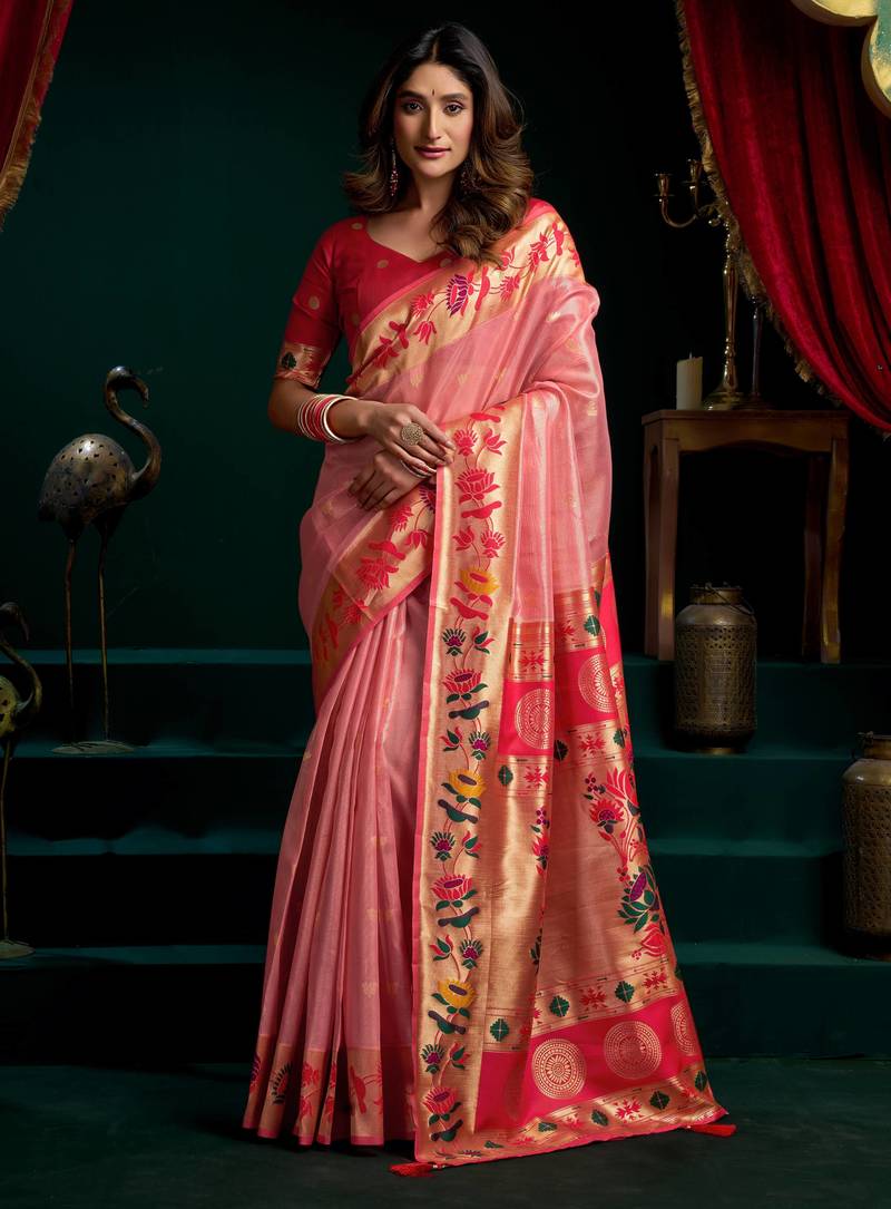 Women's peach tissue paithani zari woven saree with blouse