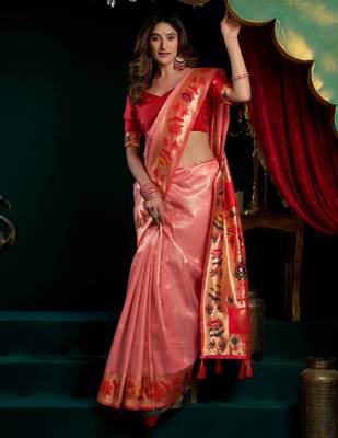Women's peach tissue paithani zari woven saree with blouse 2