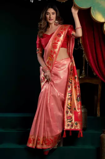 Women's peach tissue paithani zari woven saree with blouse