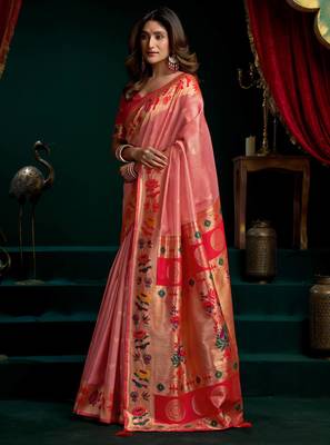 Women's peach tissue paithani zari woven saree with blouse 3