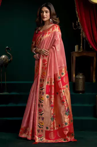 Women's peach tissue paithani zari woven saree with blouse