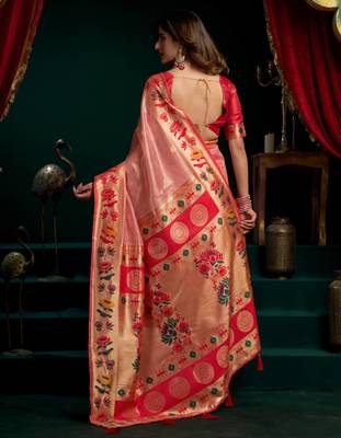 Women's peach tissue paithani zari woven saree with blouse 5