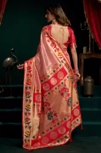 Women's peach tissue paithani zari woven saree with blouse